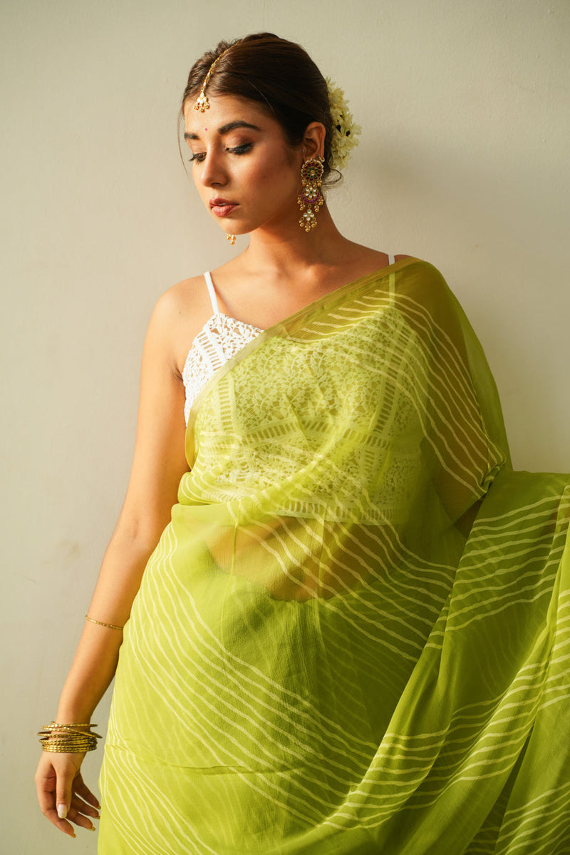 Lime Green Leheriya Saree