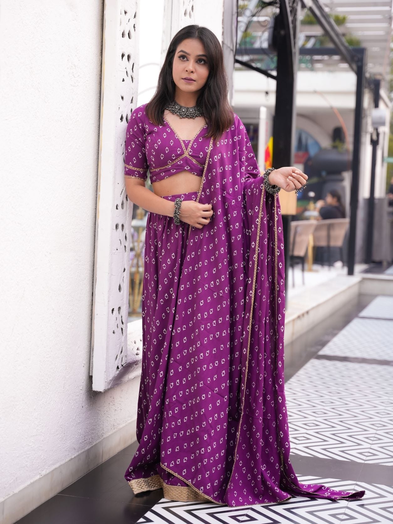 Purple Bandhani Lehenga Set - (Set of 3)