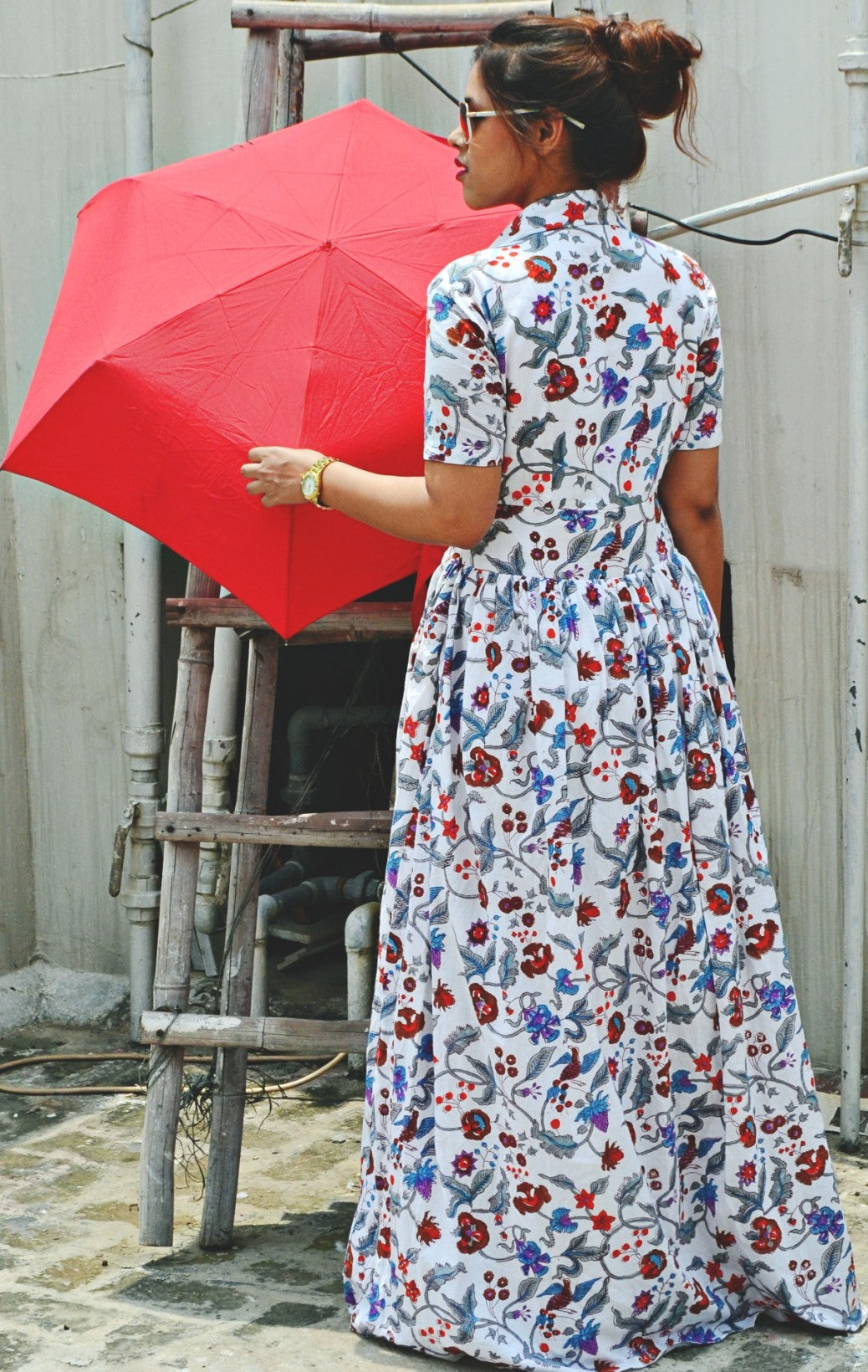 Cotton Floral Print Collared Maxi Dress