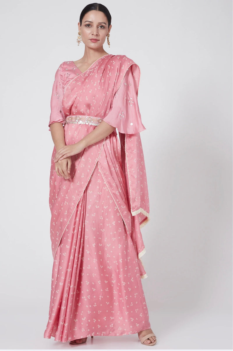 Blush Pink Hand Embroidered & Printed Saree Set