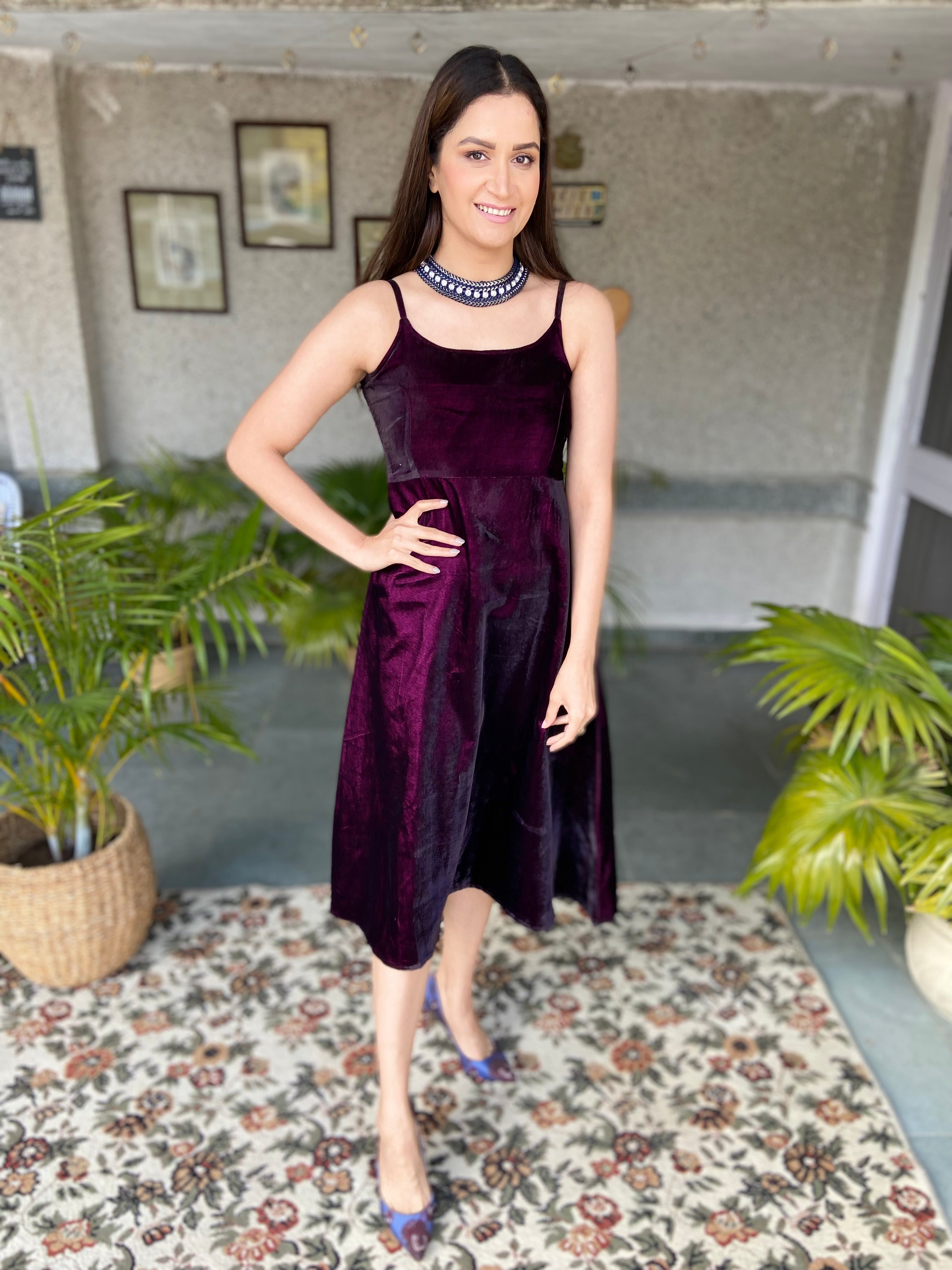 Wine Velvet Strap Dress-Regular Size