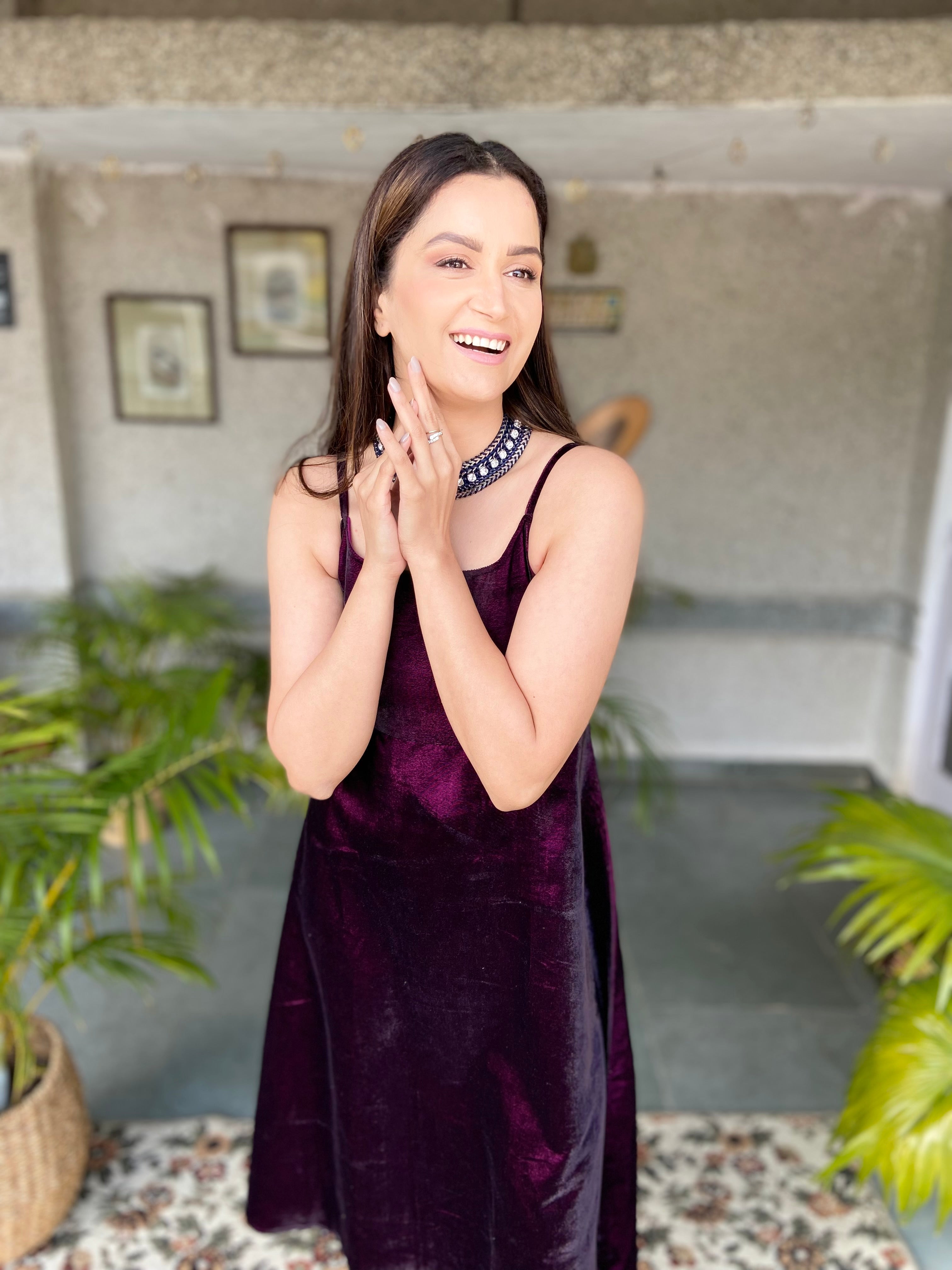 Wine Velvet Strap Dress-Regular Size