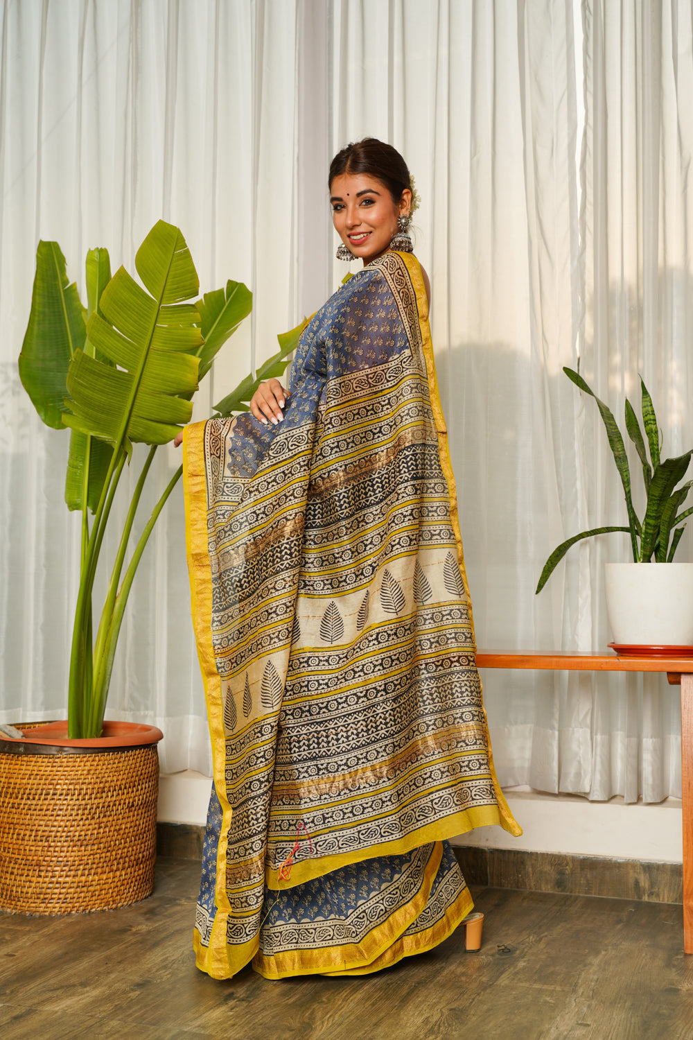 Blue Mustard Bagru Saree