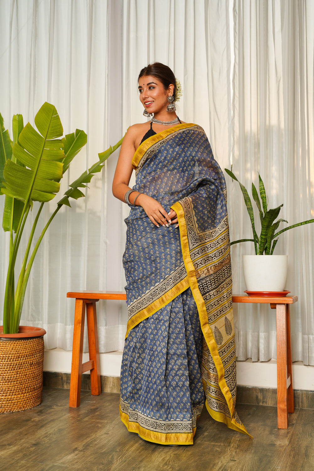 Blue Mustard Bagru Saree