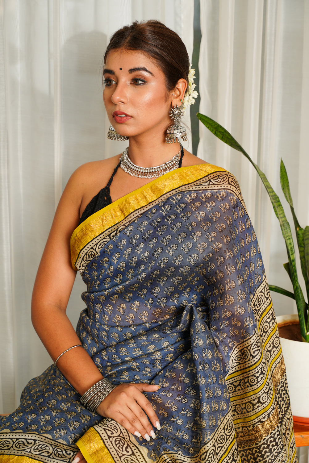 Blue Mustard Bagru Saree