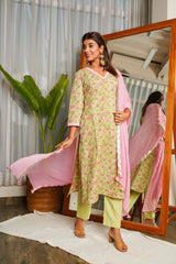 Pear Green V-Neck Cotton Printed Suit Set