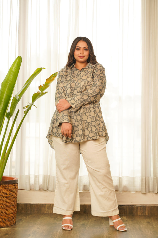 GREY PRINTED MUSLIN TOP AND MID-RISE RELAXED FIT PANTS (SET OF 2)