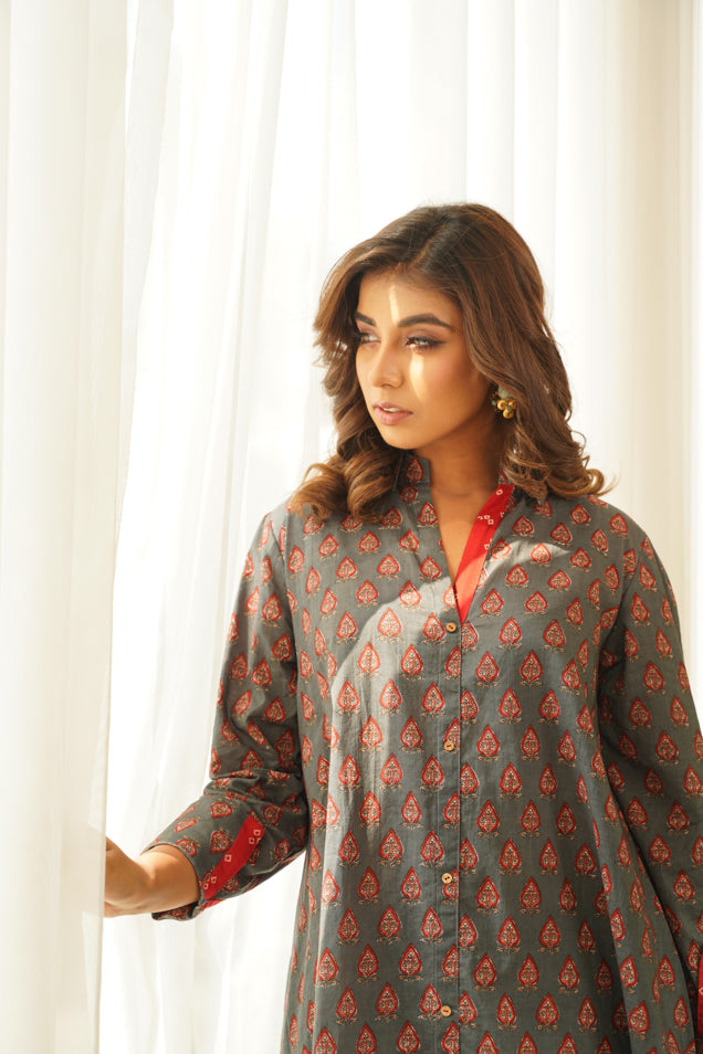 Grey Hi-Lo Collared Cotton Co-ord Set