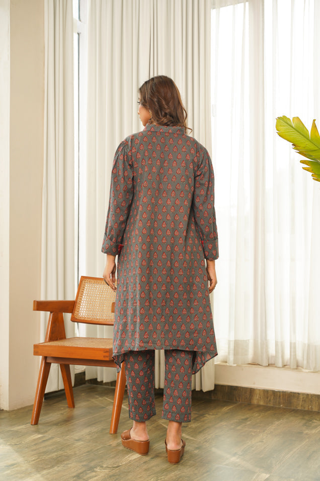 Grey Hi-Lo Collared Cotton Co-ord Set