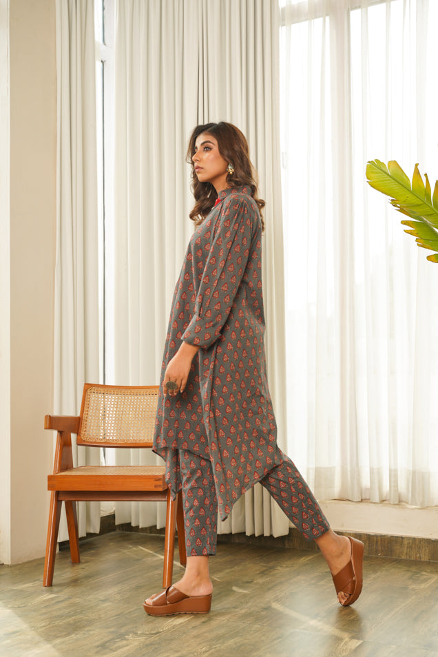 Grey Hi-Lo Collared Cotton Co-ord Set