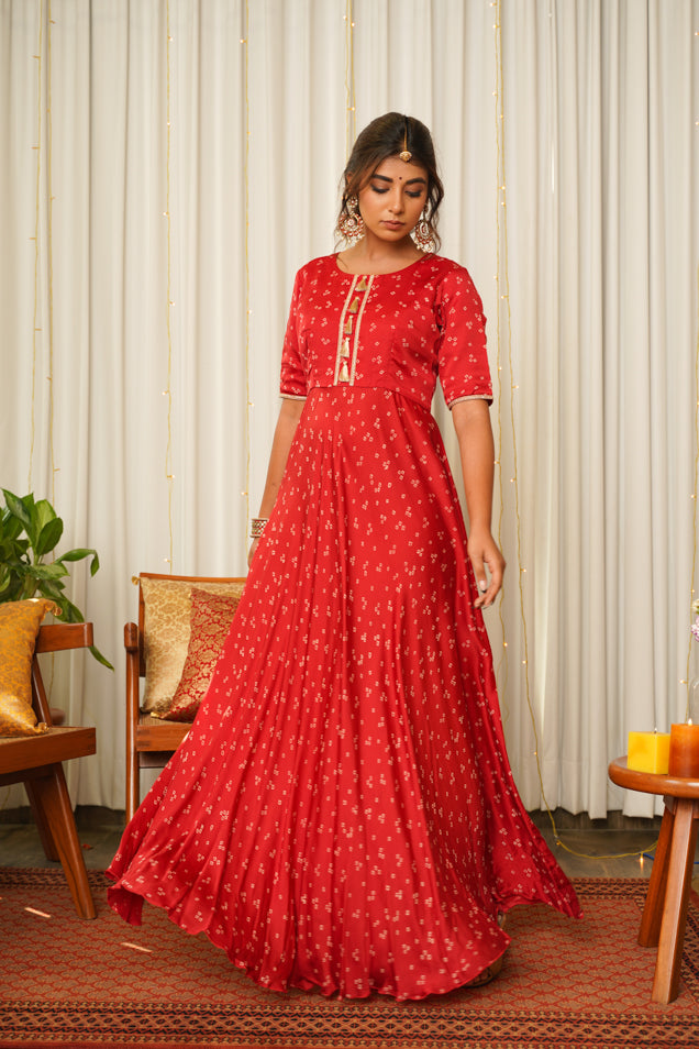 Red Georgette Anarkali set with Bandhani Print - Dress me Royal