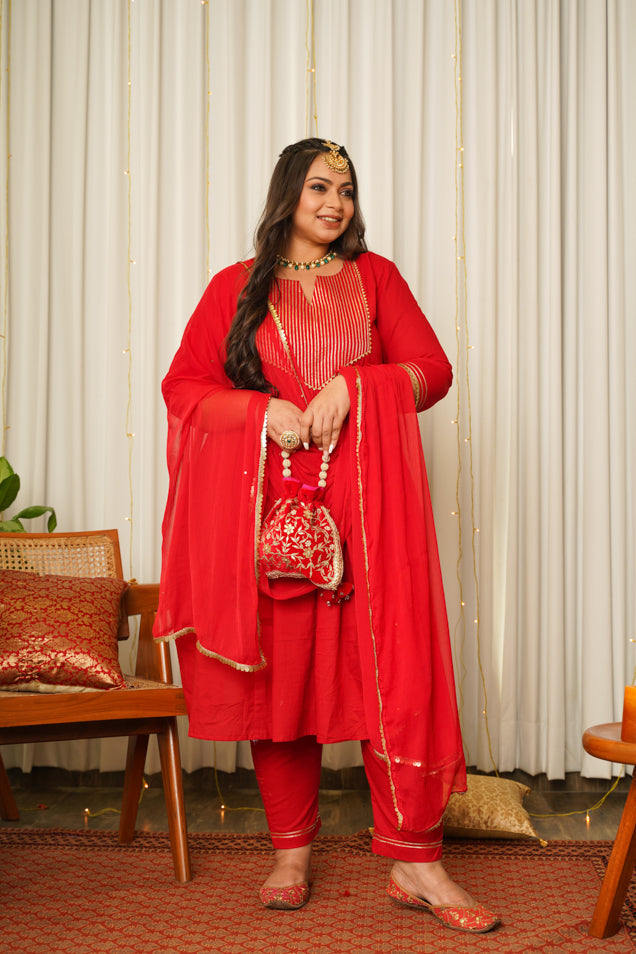 Red Gold Kurta Set-(Set of 3)