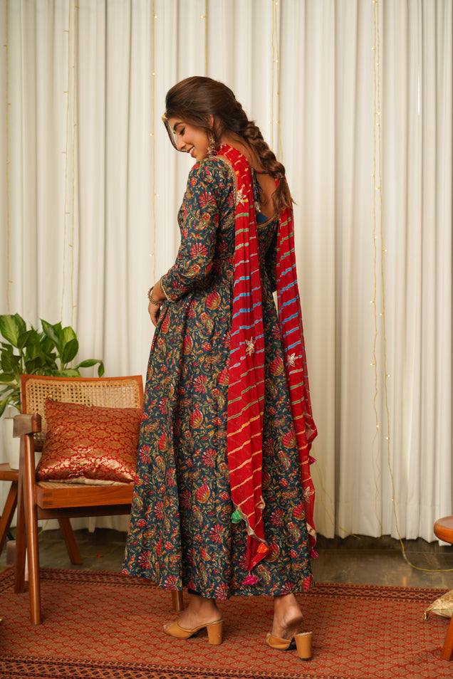 Blue Cotton Floral Print Anarkali Suit Set