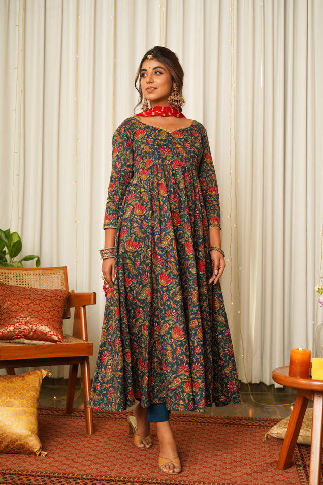 Blue Cotton Floral Print Anarkali Suit Set