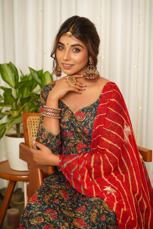 Blue Cotton Floral Print Anarkali Suit Set - ( Set of 3)