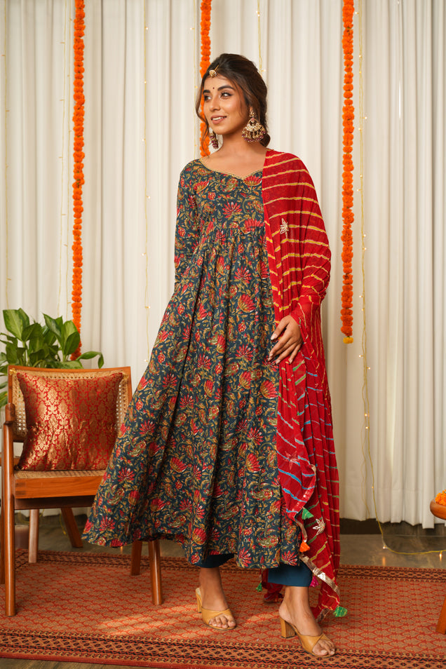 Blue Cotton Floral Print Anarkali Suit Set - ( Set of 3)