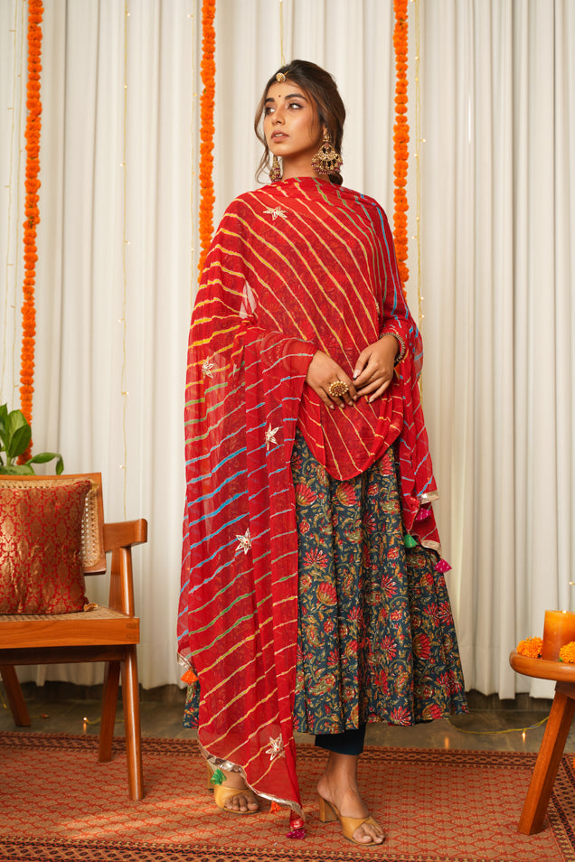 Blue Cotton Floral Print Anarkali Suit Set - ( Set of 3)