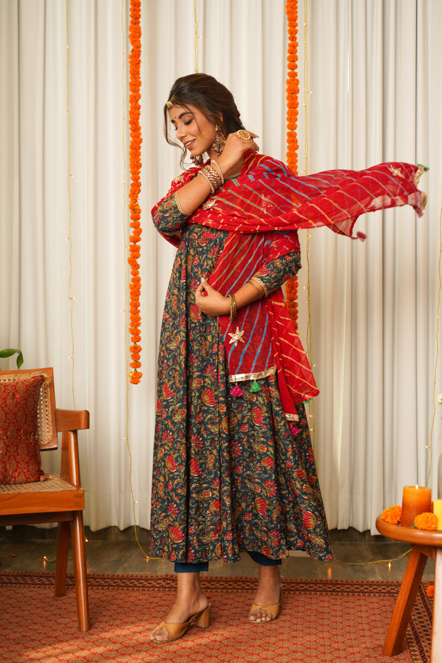 Blue Cotton Floral Print Anarkali Suit Set - ( Set of 3)