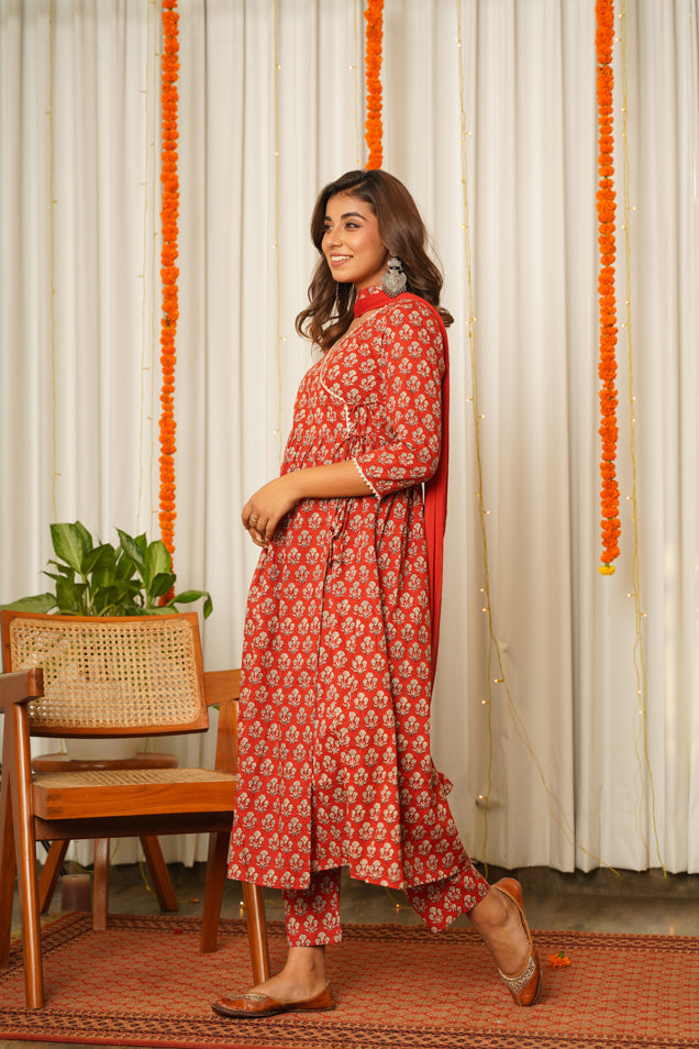 Red Block Print Angrakha Suit Set - ( Set of 3)