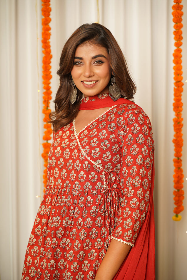 Red Block Print Angrakha Suit Set - ( Set of 3)