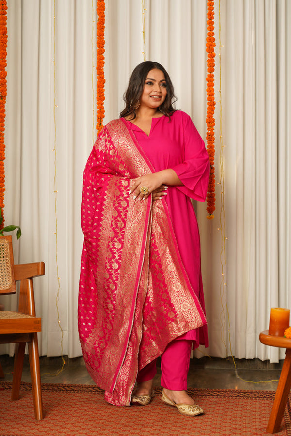 Fuschia Pink Pathani Kurta Suit Set with Benarasi Dupatta