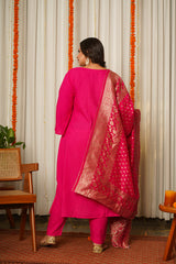Fuschia Pink Pathani Kurta Suit Set with Benarasi Dupatta