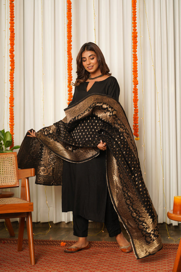 Black Paithani Kurta Suit Set with benarasi dupatta - (Set of 3)