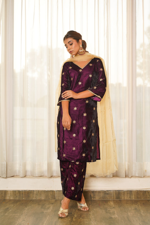 Wine Embroidered Velvet Kurta Set (Set of 3)