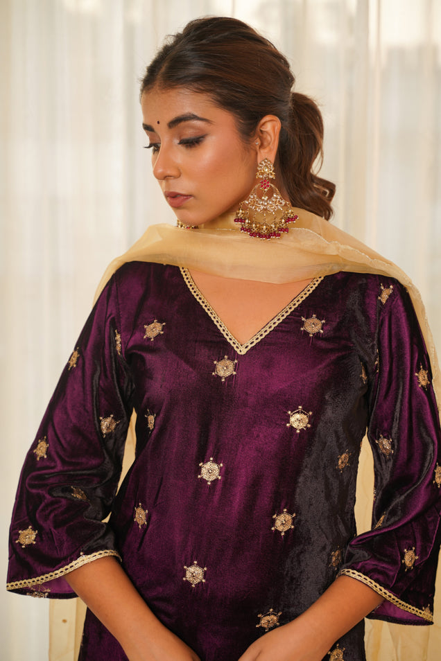 Wine Embroidered Velvet Kurta Set (Set of 3)
