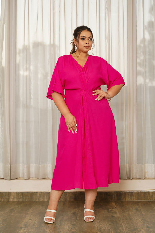 Hot Pink Front Knot V-Neck Dress