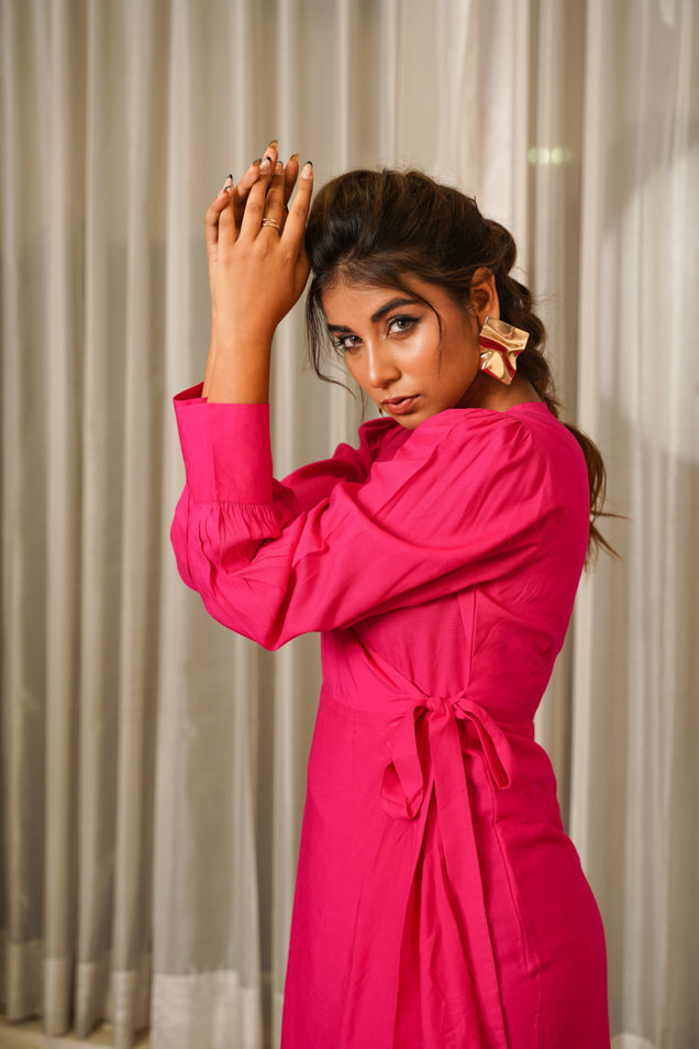 Hot Pink Wrap V-Neck Gown