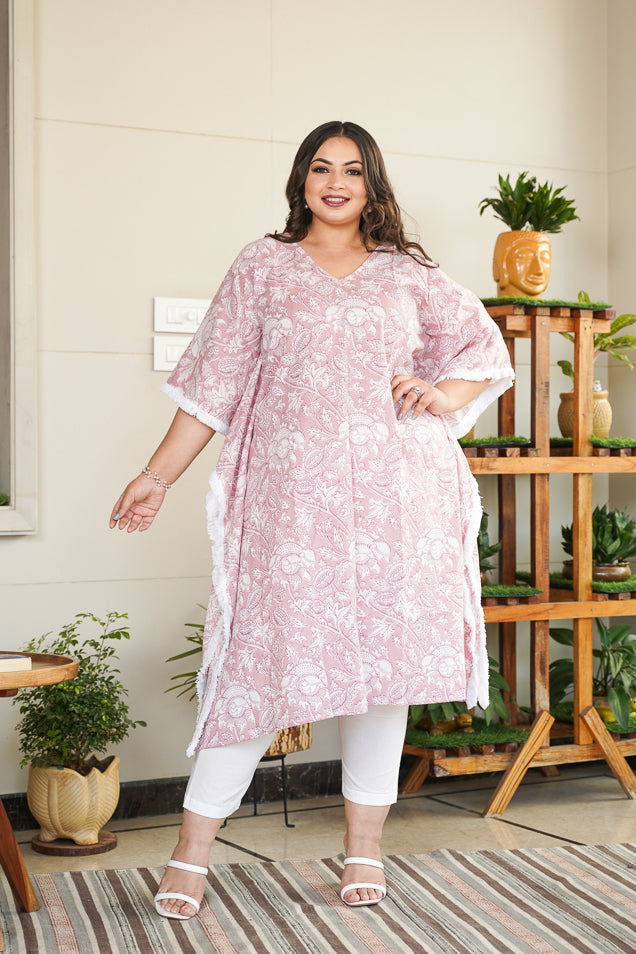 Pink Floral Kaftan Printed V-Neck Co-Ord Set - (Set of 2)