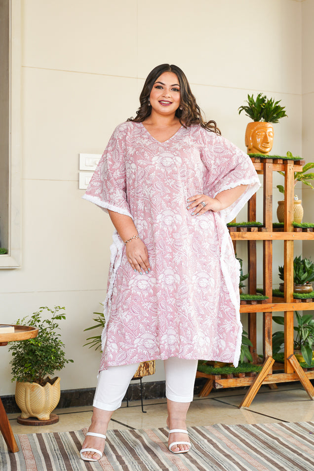 Pink Floral Kaftan Printed V-Neck Co-Ord Set - (Set of 2)