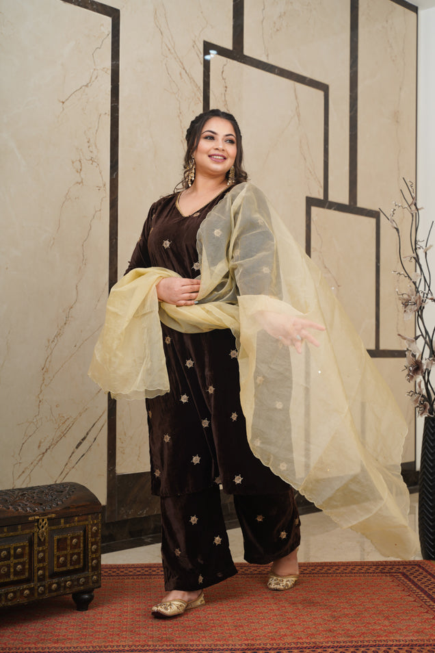 Brown Embroidered Velvet Kurta Set - (Set of 3)