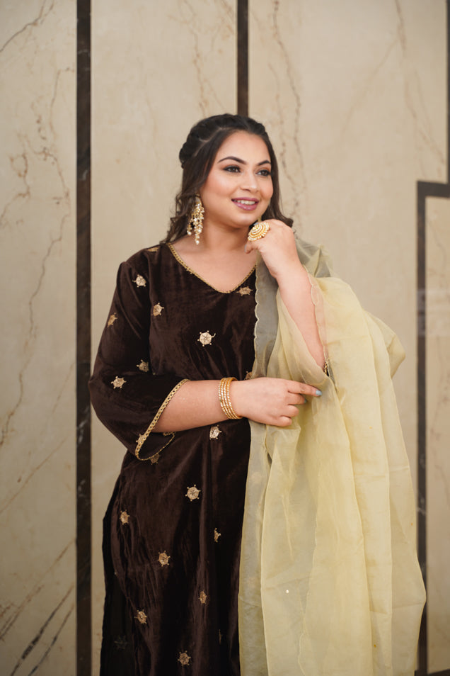 Brown Embroidered Velvet Kurta Set - (Set of 3)