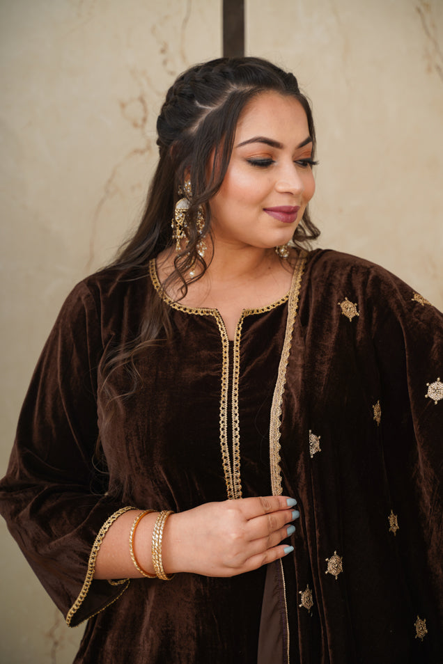 Brown Velvet Embroidered Shawl