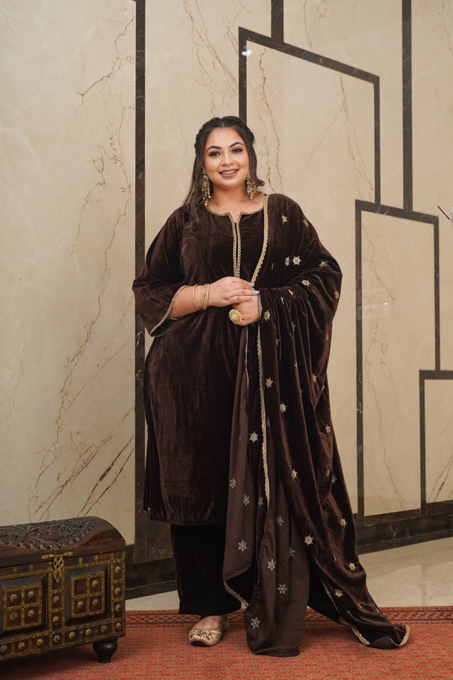 Brown Velvet Embroidered Shawl