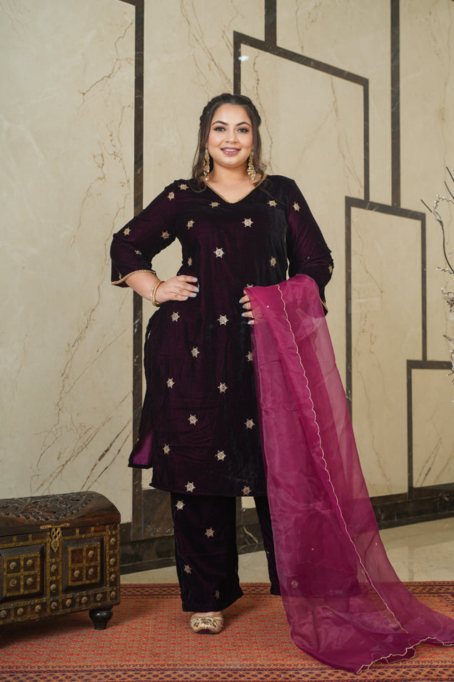 Wine Embroidered Velvet Kurta Suit Set - (Set of 3)