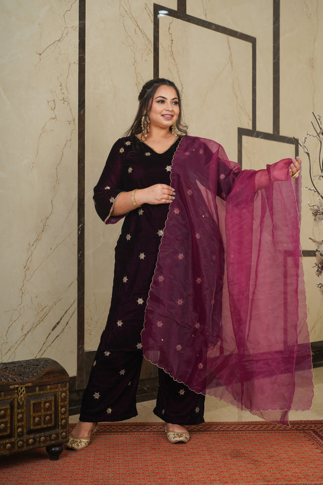 Wine Embroidered Velvet Kurta Suit Set - (Set of 3)