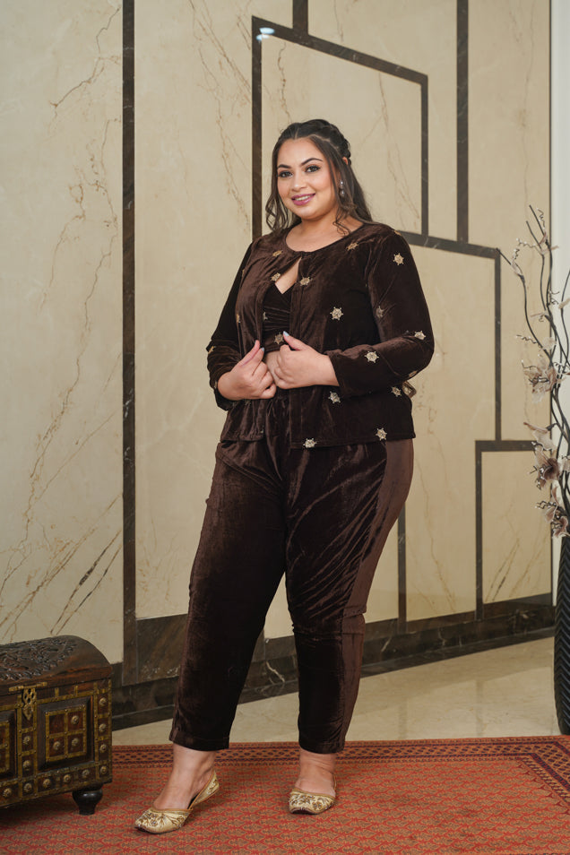 Brown Embroidered Velvet Jacket-Plus Size