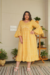 Yellow Cotton Floral Ruffle Dress-Plus Size