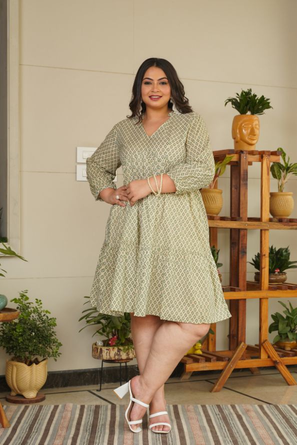 Green V Neck Tiered Short Cotton Dress