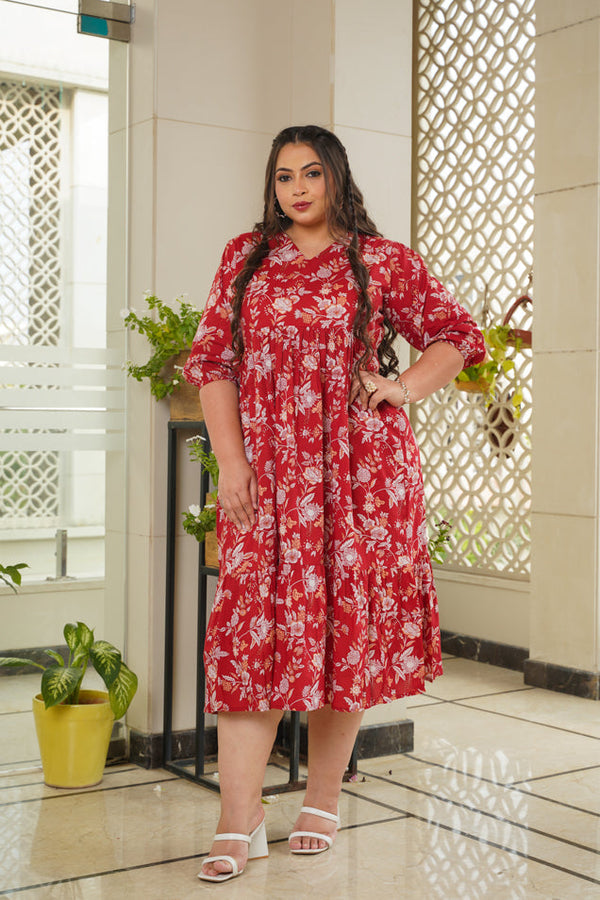 Red Floral Cotton Tiered Maxi-Plus Size