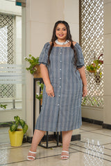 Blue cotton midi straight slit dress