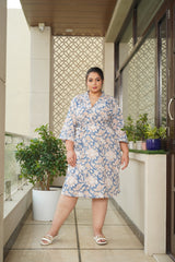 Blue Floral cotton kimono dress-Pluse Size