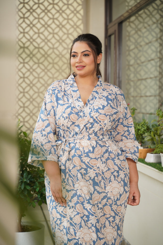 Blue Floral Printed Cotton Kimono Robe