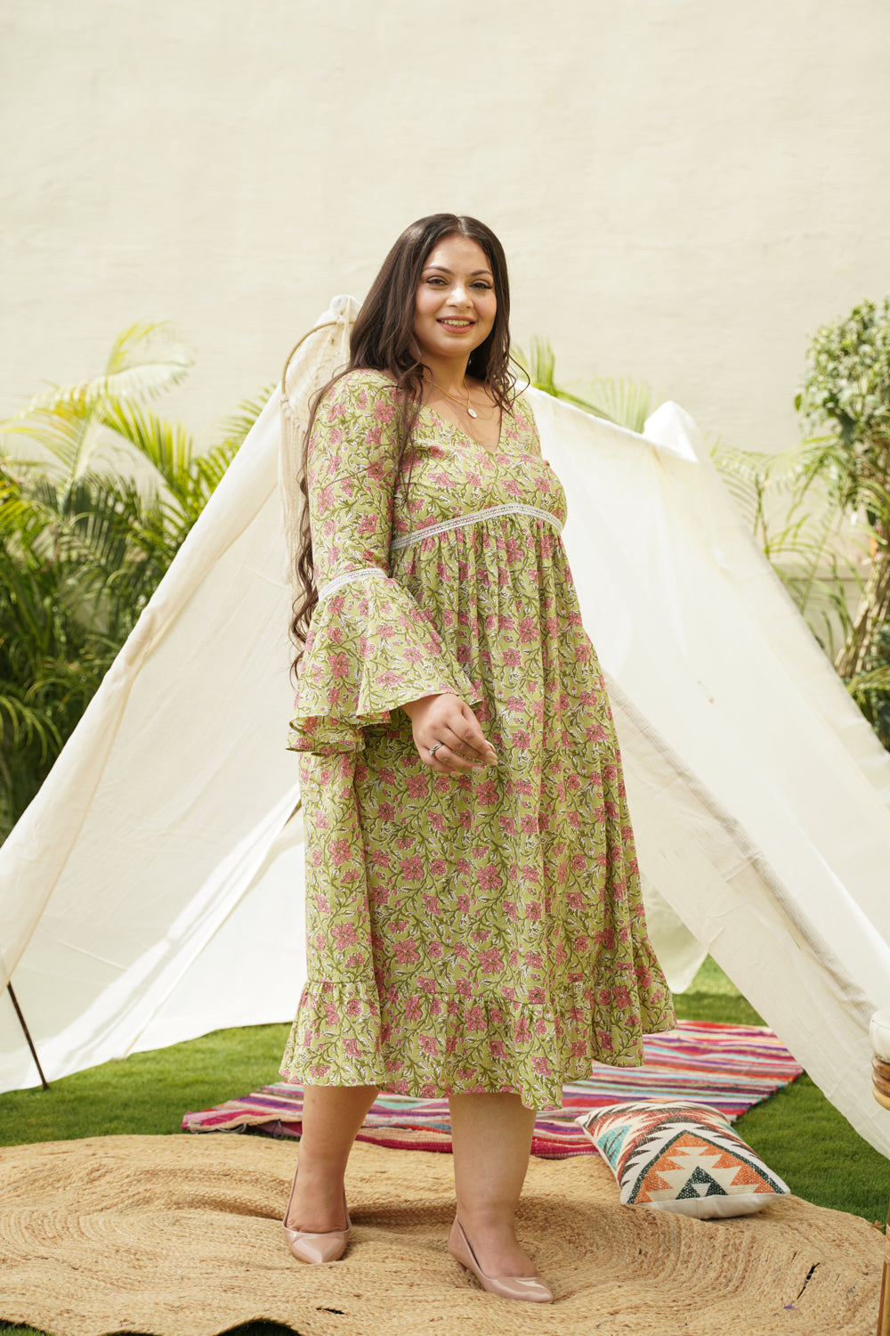 Lime Cotton Floral Ruffle Dress