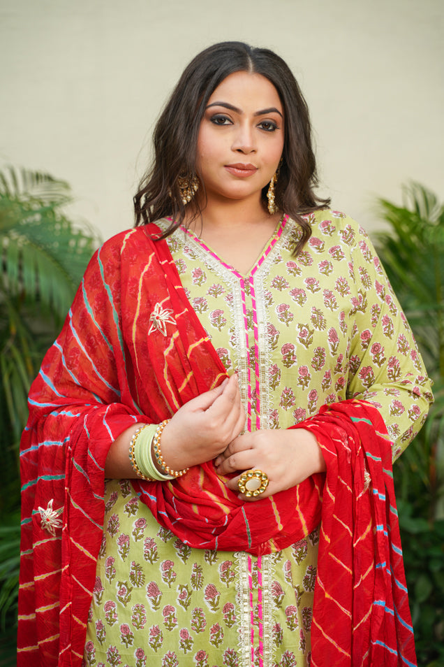 Lime Green Kyaari Suit Set - ( Set of 3)