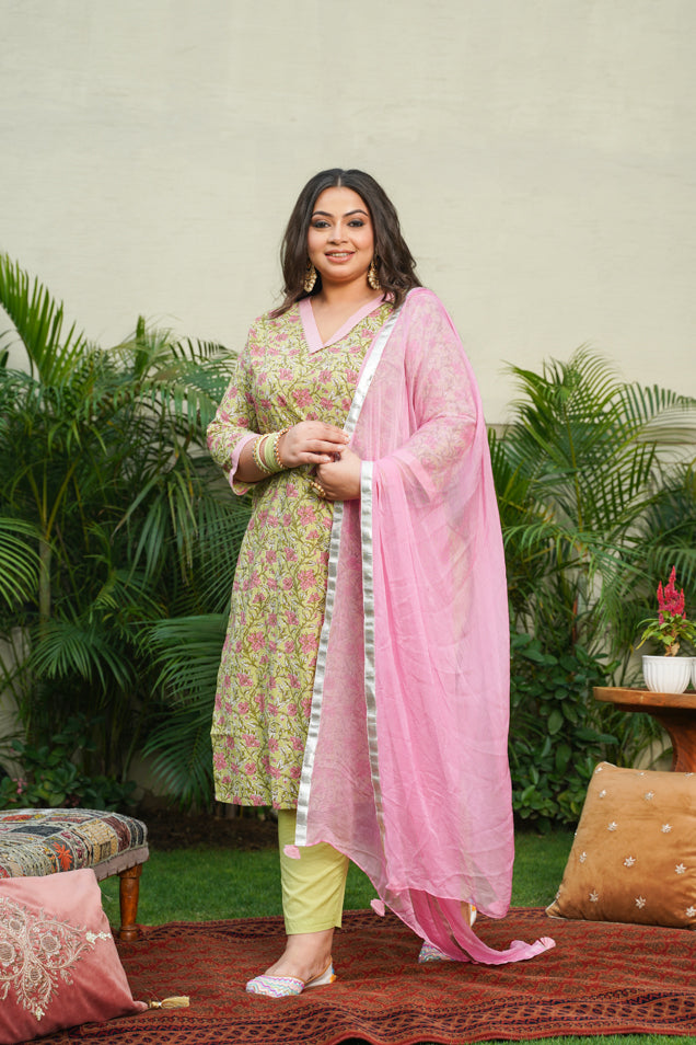Pear Green V-Neck Cotton Printed Suit Set