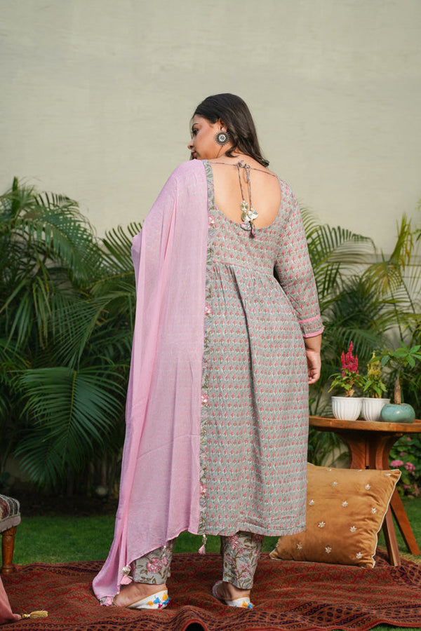 Pink Grey Floral Anarkali Suit Set - Plus Size
